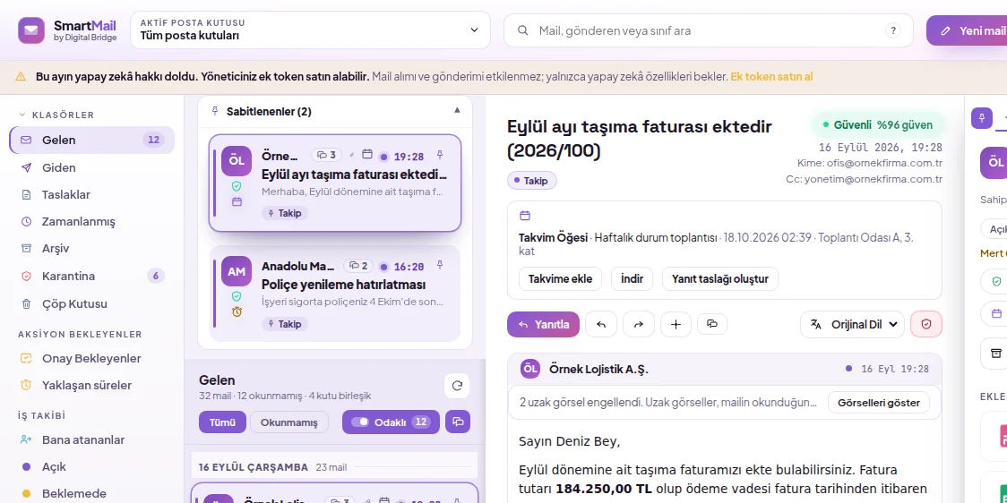 Yapay zekâ hakkı dolduğunda panelin üstünde görünen uyarı bandı