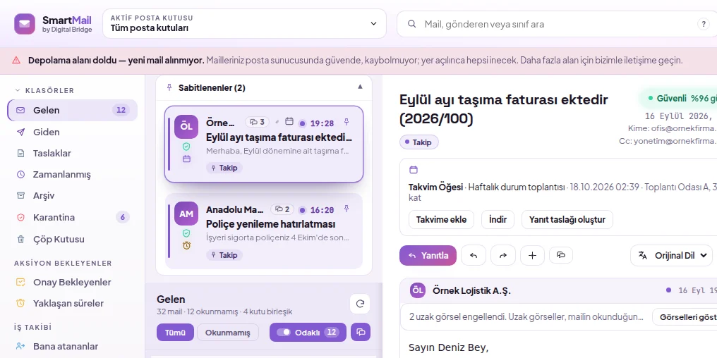 Depolama alanı dolduğunda panelin üstünde görünen kırmızı bant
