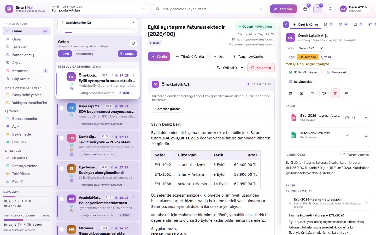 SmartMail gelen kutusu: solda klasörler, ortada mail listesi, sağda açık bir mail ve üstünde güvenlik rozeti