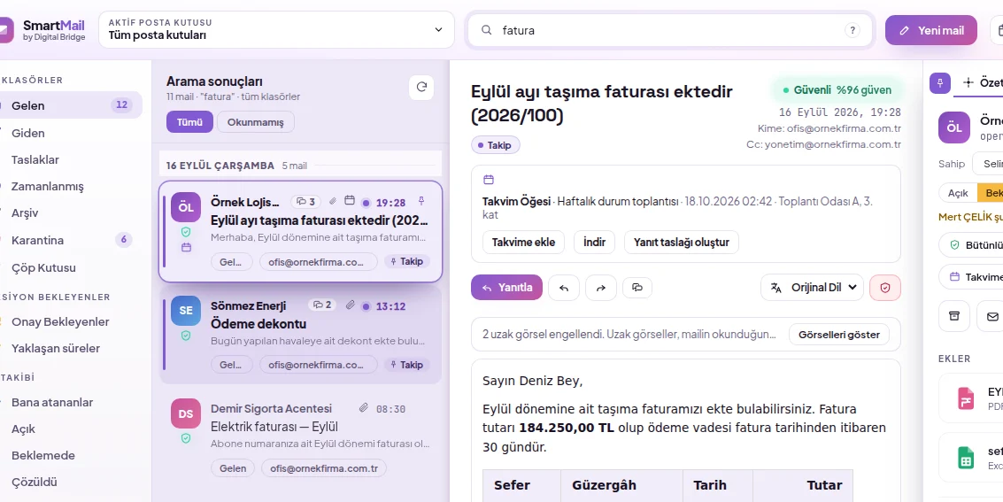 Arama: üst çubuktaki arama kutusu ve tüm klasörlerde bulunan sonuçlar