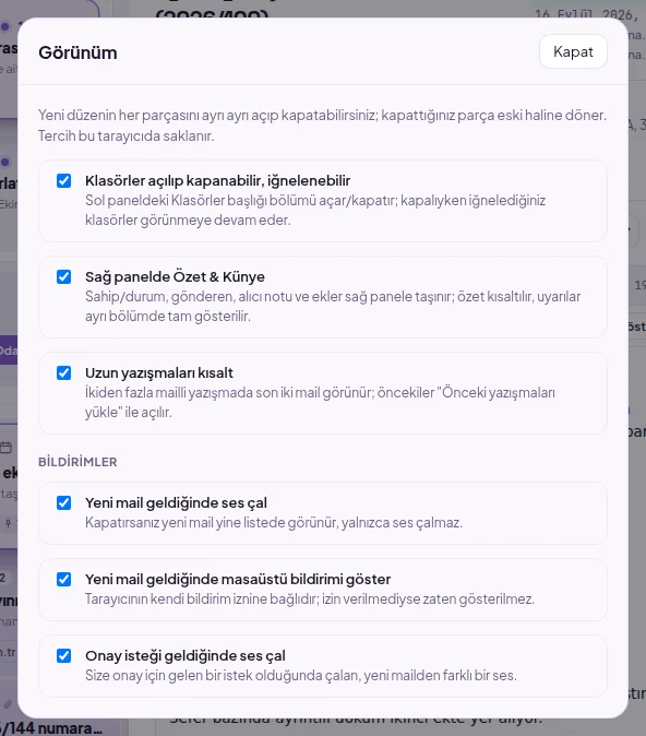 Görünüm penceresindeki Bildirimler bölümü: yeni mail sesi, masaüstü bildirimi ve onay sesi ayrı ayrı kapatılabilir