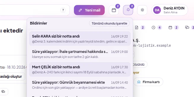 Bildirimler menüsü: onay, dikkat çekme ve yanıt süresi bildirimleri
