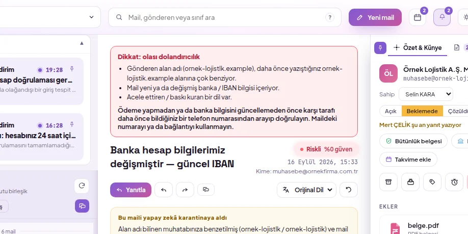 Dolandırıcılık uyarısı: benzer alan adı ve IBAN değişikliği birlikte olduğunda okuma ekranının en üstünde kırmızı bant