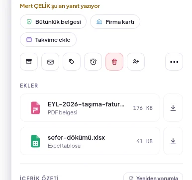 Özet & Künye sekmesindeki Ekler bölümü: her ek adı, türü ve boyutuyla bir kutu olarak listelenir