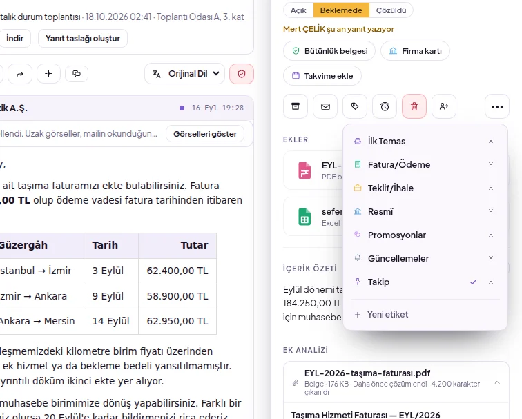 Etiket menüsü: mevcut etiketler ve Yeni etiket