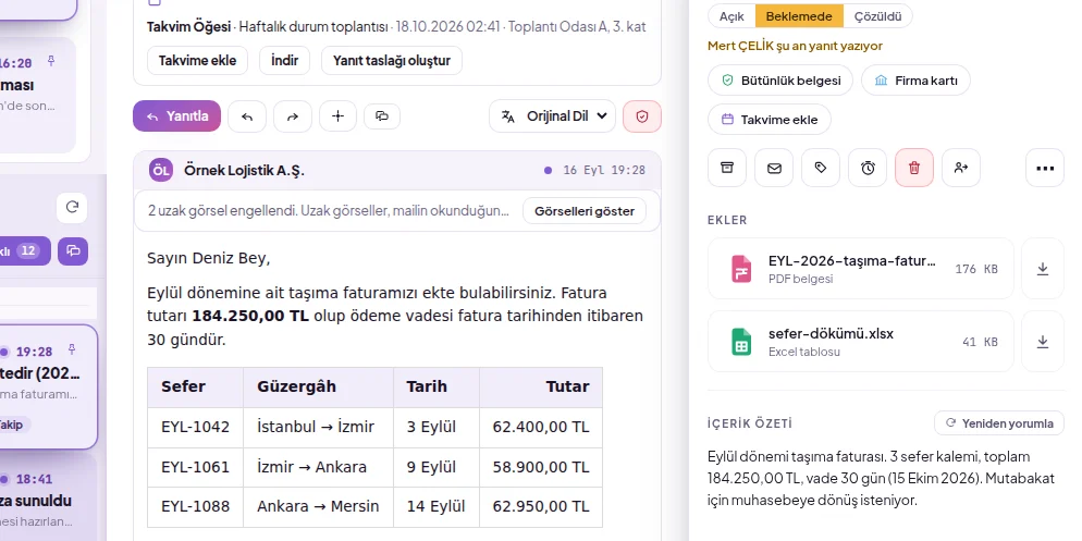 Açık mailin eylem düğmeleri: Arşivle, Okundu, Etiketle, Sil
