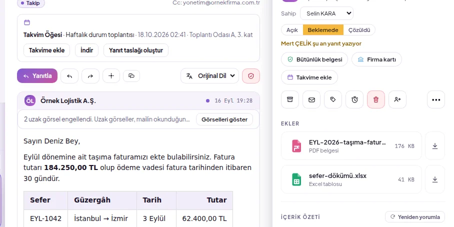 Açık mailin eylem düğmeleri: yanıt süresi, çeviri, dikkat çekme ve karantina