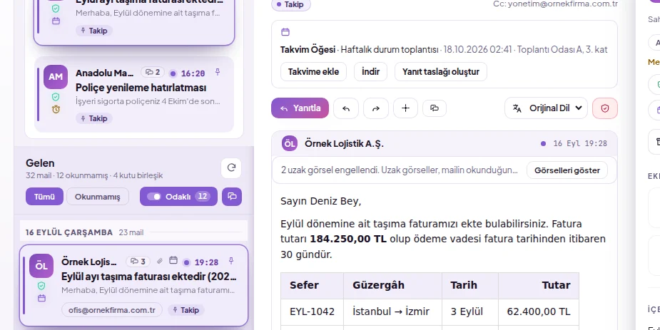 Açık mailin üstündeki eylem düğmeleri: Yanıtla, Tümünü Yanıtla, İlet