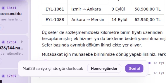 Gönderimi geri alma: mail gönderilmeden önce ekranın altında Hemen gönder ve Geri al düğmeli bant