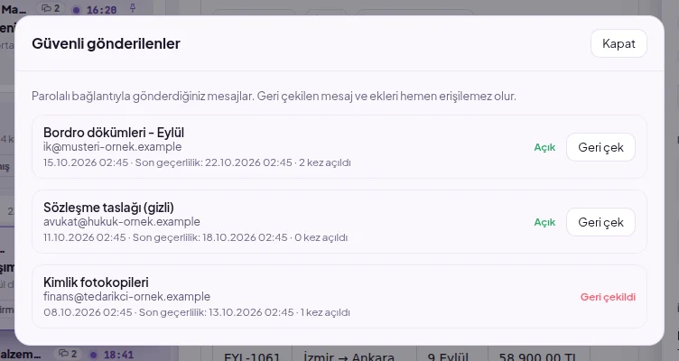 Güvenli gönderilenler: alıcı, son geçerlilik, kaç kez açıldığı ve Geri çek