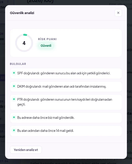 Güvenlik analizi penceresi: risk puanı, sınıf, bulgular ve Yeniden analiz et