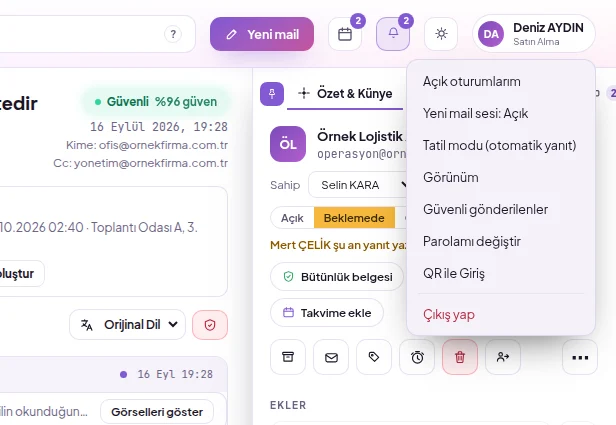 Hesabım menüsü: açık oturumlarım, yeni mail sesi, parolamı değiştir, QR ile giriş ve çıkış