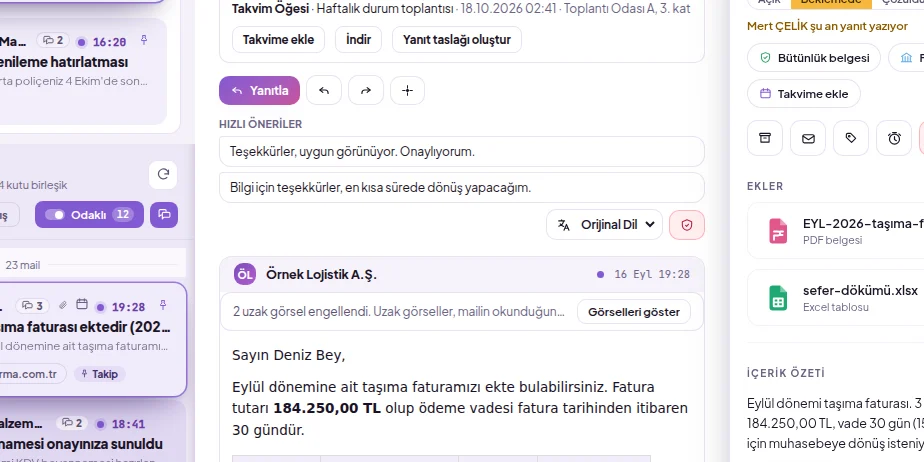 Hızlı yanıt önerileri: yapay zekânın ürettiği kısa yanıt seçenekleri, demo verisiyle