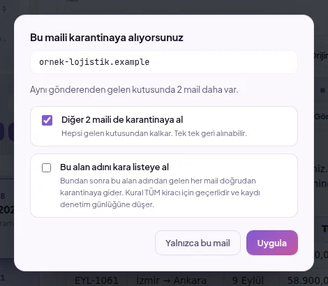 Karantinaya alma penceresi: yalnızca bu mail, aynı gönderenin diğer mailleri ve alan adını kara listeye al seçenekleri