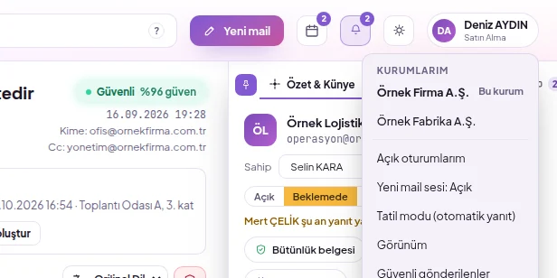 Hesabım menüsünde Kurumlarım bölümü: bu kurum işaretli, diğer kurum tek tıkla seçilir