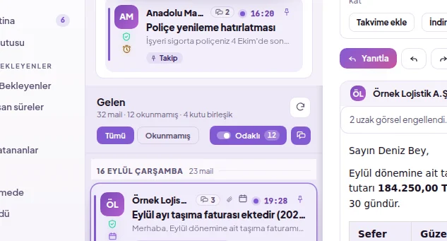 Mail listesi: Tümü ve Okunmamış süzgeçleri, Odaklı anahtarı, gruplu görünüm simgesi, yenile düğmesi ve mail satırları