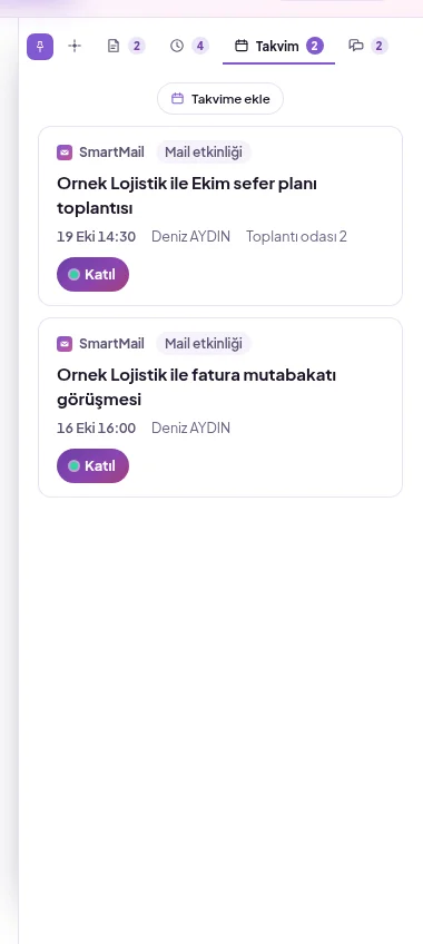 Sağ paneldeki Takvim sekmesi: bu maile bağlı takvim öğeleri ve Takvime ekle