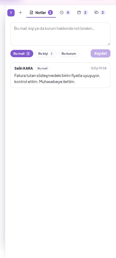 Yardımcı panelin Notlar sekmesi: not kapsamı seçimi, not alanı ve ekibin notları