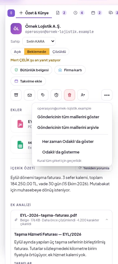Okuyucudaki Diğer seçenekler menüsü: göndericiyi her zaman Odaklı'da gösterme ya da Odaklı'da göstermeme seçenekleri