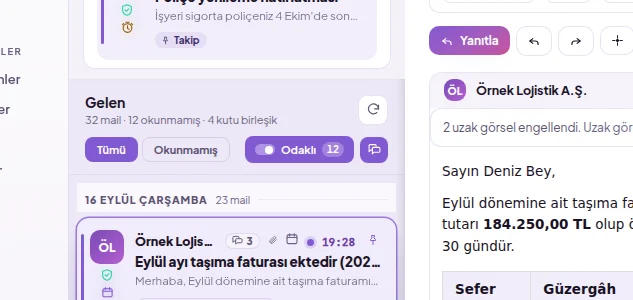 Mail listesinin üstünde Odaklı anahtarı ve okunmamış sayısı, yanında gruplu görünüm simgesi