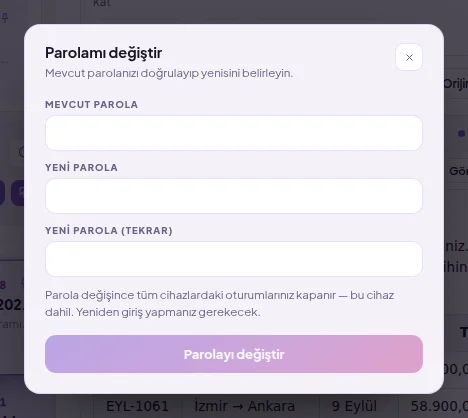 Parolamı değiştir penceresi: mevcut parola, yeni parola ve tekrarı
