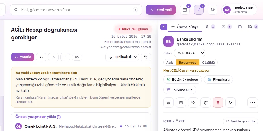 Karantinadaki bir mail: gönderen adının yanında riskli güvenlik rozeti ve Karantinadan çıkar düğmesi