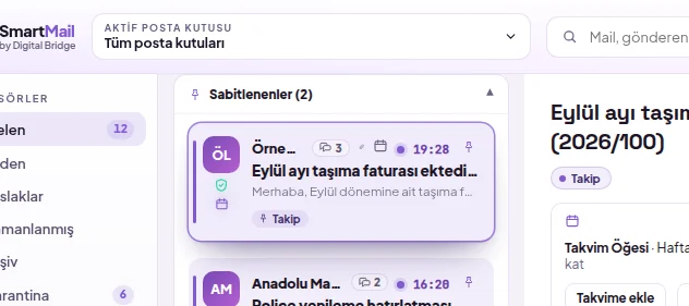 Sabitlenenler bölümü mail listesinin üstünde; satırlardaki sabitleme düğmesi
