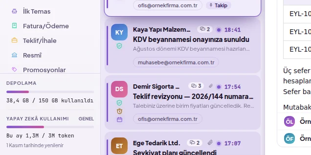 Kenar çubuğunda depolama ve yapay zekâ kullanım sayaçları