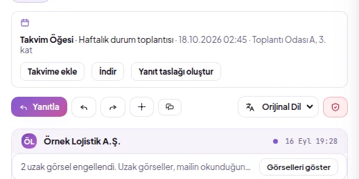 Takvim Öğesi kartı: Takvime ekle, İndir ve Yanıt taslağı oluştur düğmeleri, demo verisiyle