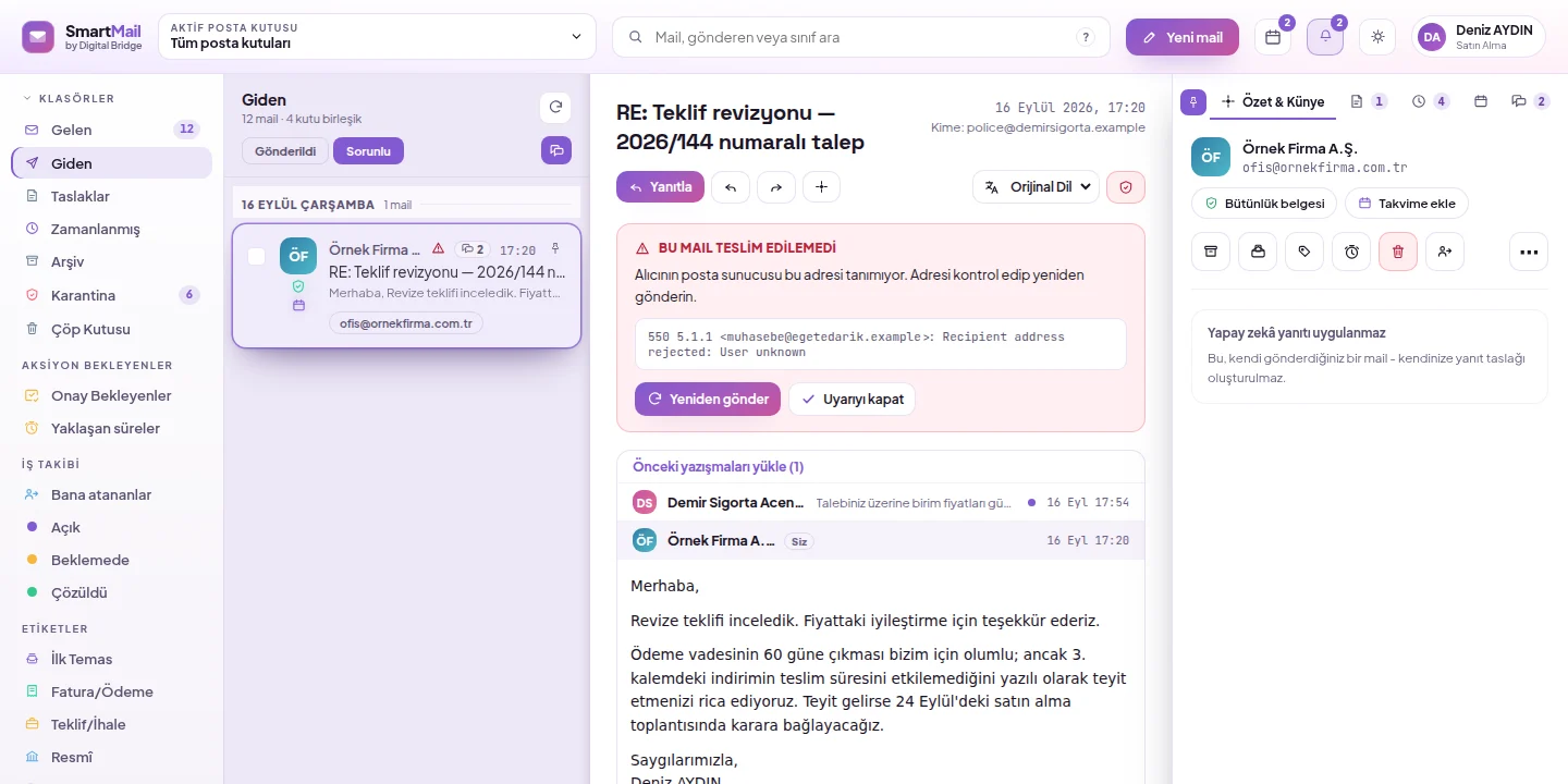 Teslim edilemeyen giden mail: Sorunlu süzgeci, listede uyarı ve okuma alanında Yeniden gönder düğmesi