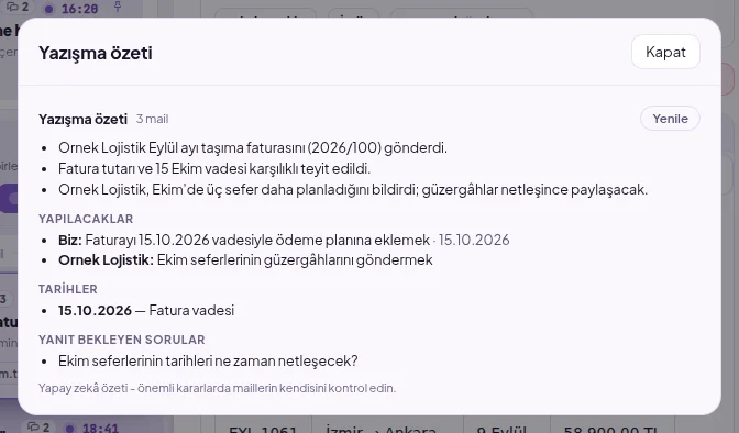 Yazışma özeti penceresi: kısa maddeler, yapılacaklar, tarihler ve yanıt bekleyen sorular