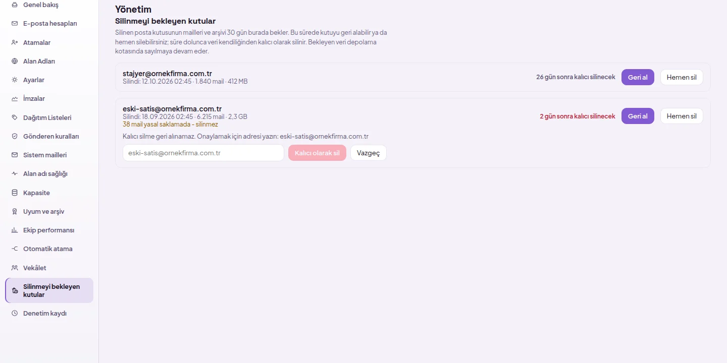 Silinmeyi bekleyen kutular: silinme tarihi, mail sayısı, boyut, kalan gün; Geri al ve adres yazılarak onaylanan Hemen sil