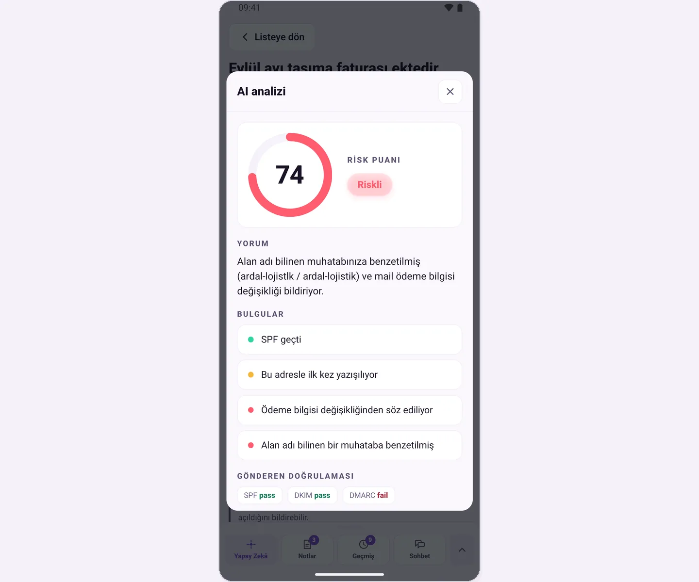 AI analizi penceresi: risk puanı ve bulgular
