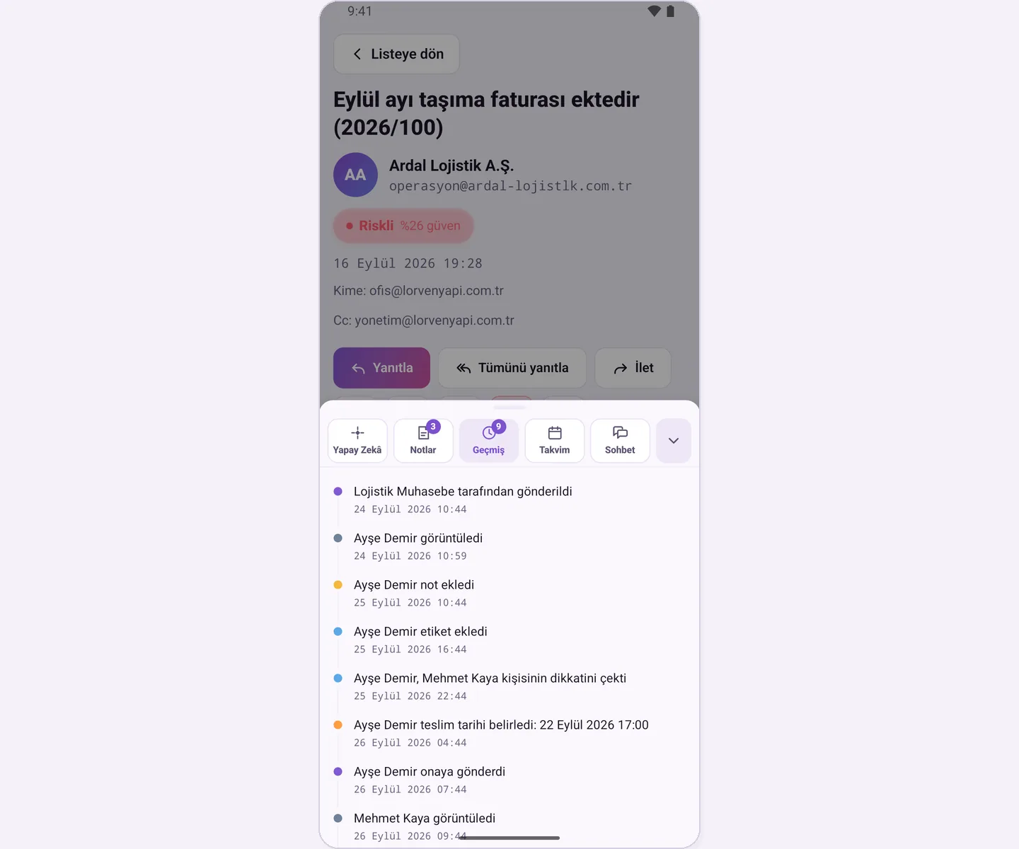 Geçmiş sekmesi: mail üzerindeki hareketler