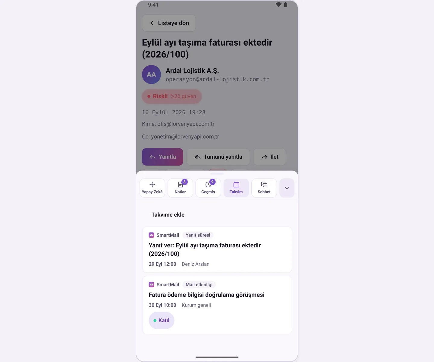 Mail okuyucunun Takvim sekmesi: bu maile bağlı yanıt süresi ve toplantı