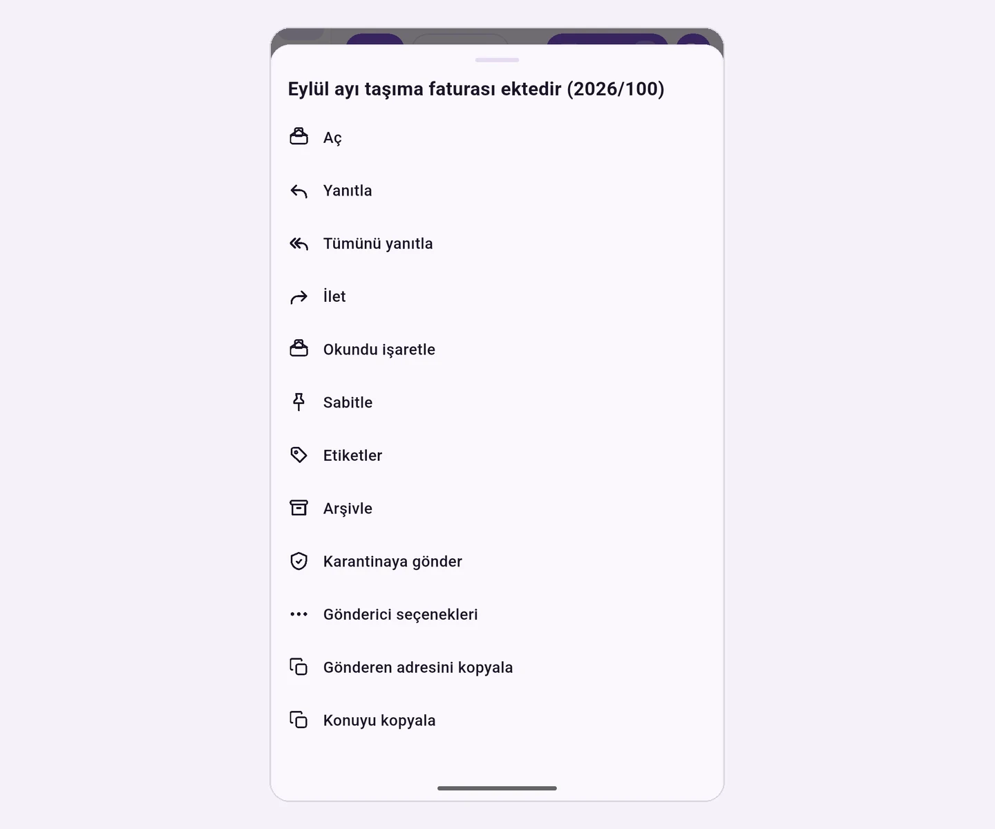 Mail satırına uzun basınca açılan menü