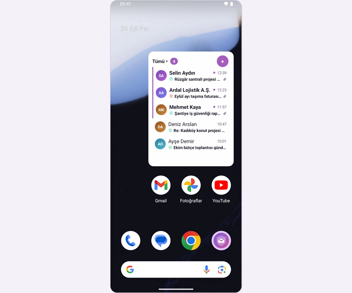 Ana ekranda SmartMail widget'ı