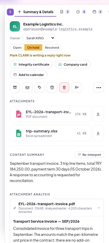 Summary & Details tab of the assistant panel: owner and status, sender, attachments, abbreviated content summary and separate warnings