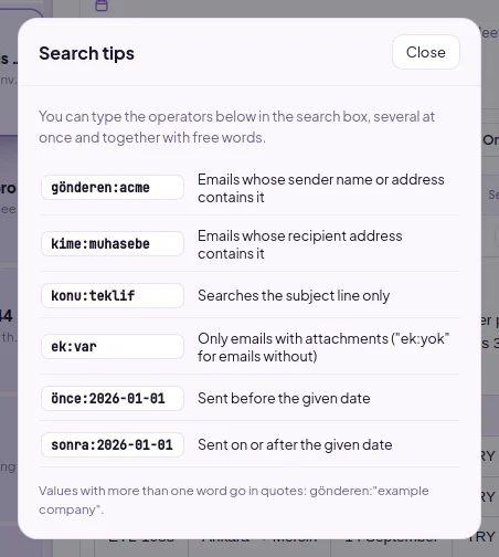 Search tips window: sender:, to:, subject:, has attachment:, before:, after: operators
