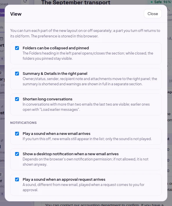 The Notifications section in the View window: new mail sound, desktop notification and confirmation sound can be turned off separately