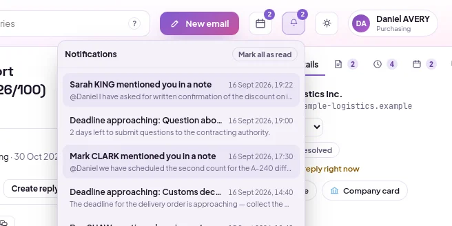Notifications menu: confirmation, alert, and response time notifications