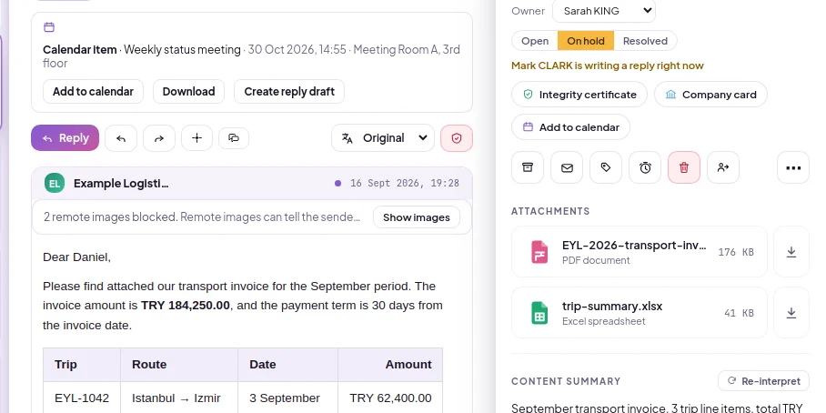 Open email action buttons: response time, translation, attention and quarantine