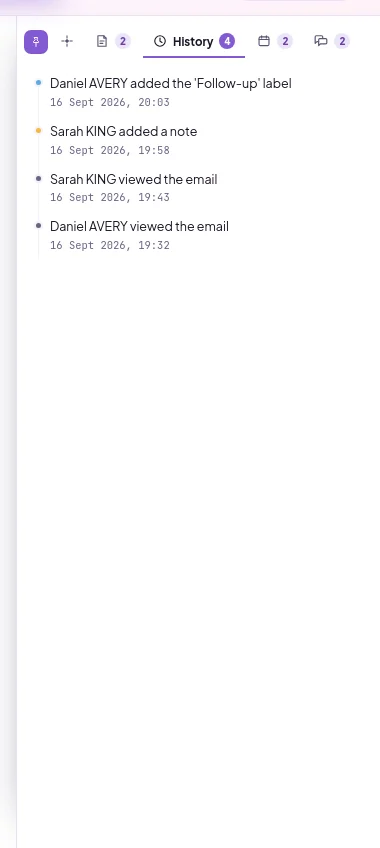 The Helper panel's History tab: who did what and when on the email