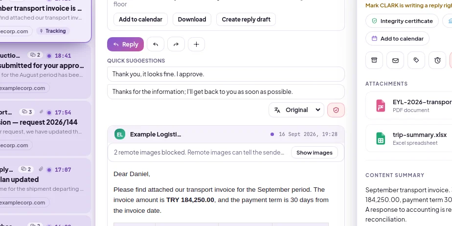 Quick reply suggestions: short reply options generated by AI, with demo data