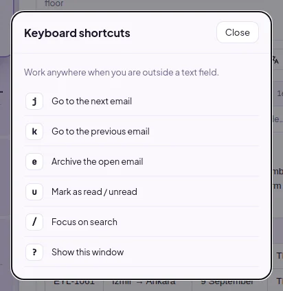 Keyboard shortcuts help window: the j/k, e, u, /, ? keys and what they do