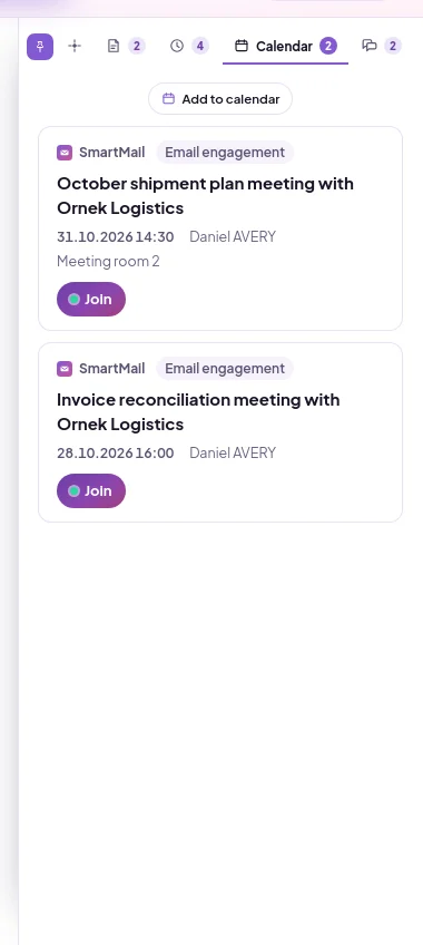 Calendar tab in the right panel: calendar items linked to this email and Add to calendar