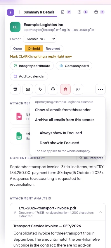 Other options menu in the reader: options to always show or not show the sender in Focus