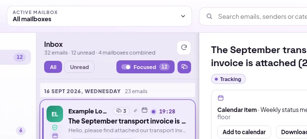 Above the email list, the Focused toggle and unread count, with the grouped view icon next to it