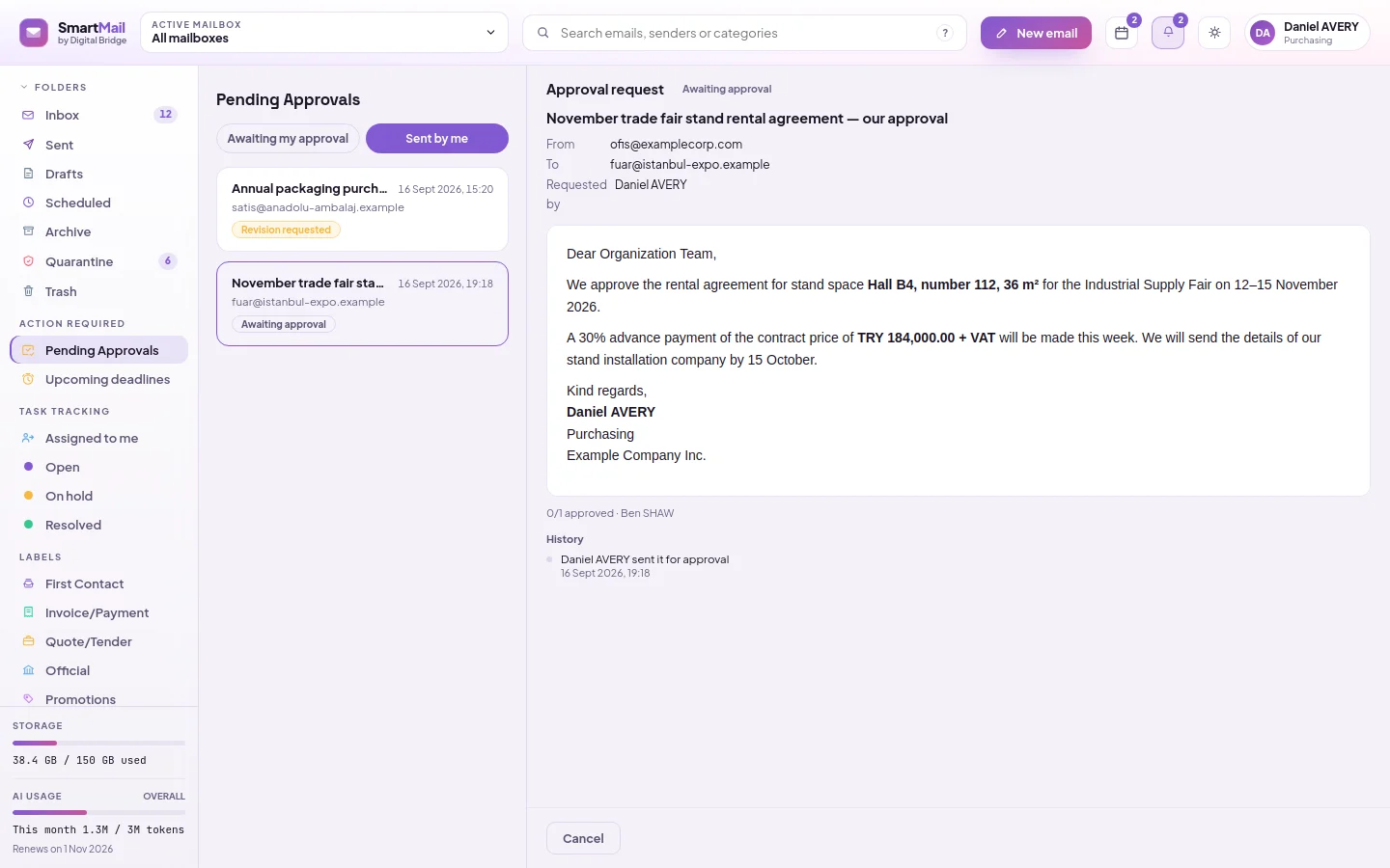 Pending approvals, Sent tab: emails you sent for approval, their statuses and the Cancel button