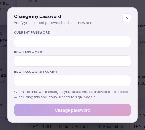 The Change my password window: current password, new password and confirmation